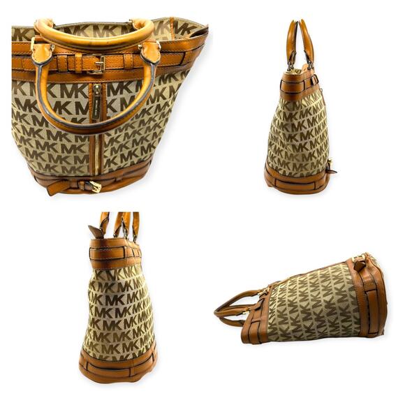 Michael Kors Kingsbury Signature Round Bucket Bag Beige Brown Retired Large - Picture 7 of 15